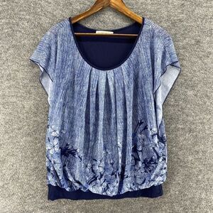 BaiShengGT Blouse Women L Large Blue Floral Short Sleeve Round Neck Casual Lined